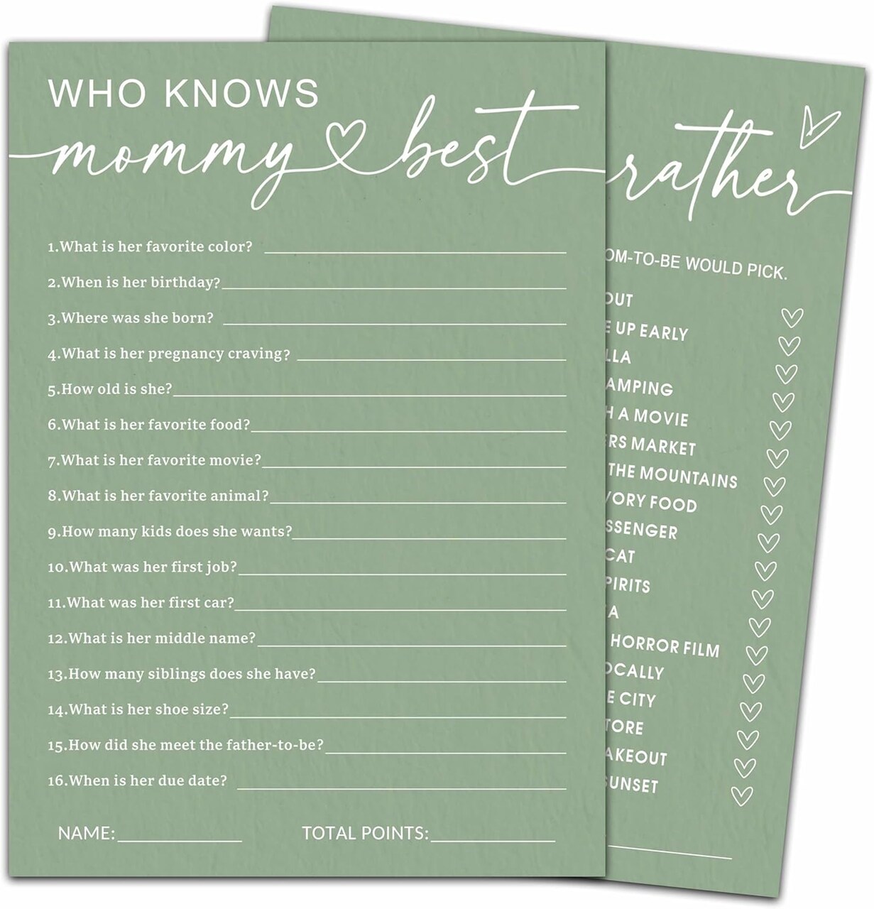 Hilarious Baby Shower Games, Who Knows Mommy Best Game, 5" x 7" Double-Sided Baby Shower Game Cards